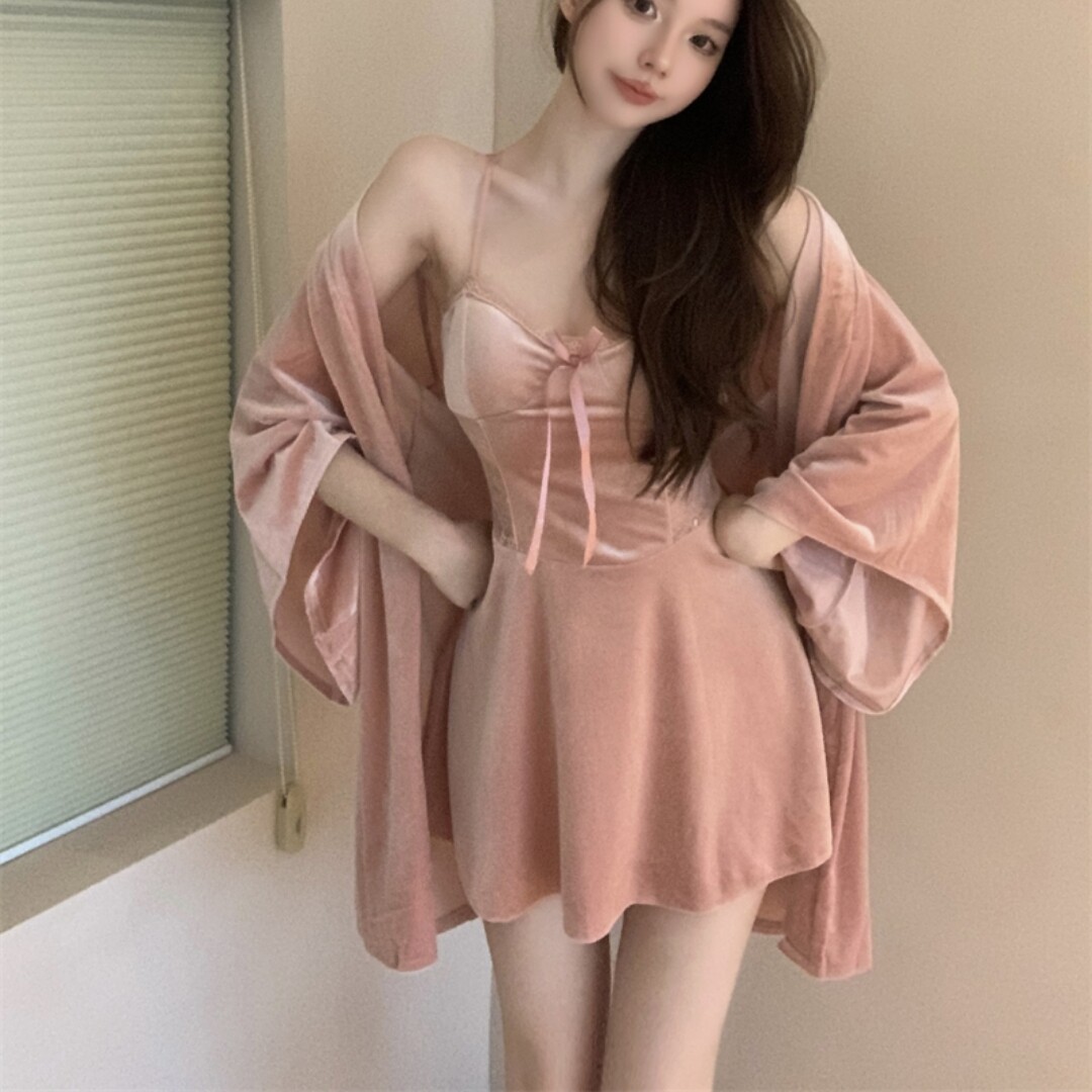 性感丝绒吊带睡裙睡袍秋冬两件套睡衣家居服
