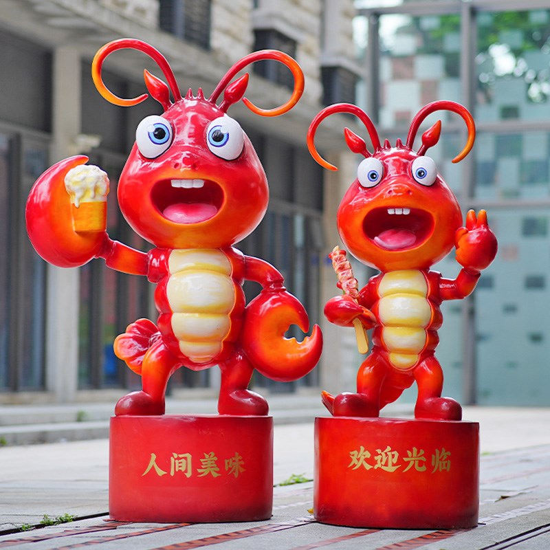卡通小龙虾玻璃钢雕塑户外餐厅z海鲜店门口开业引流迎宾招牌大摆
