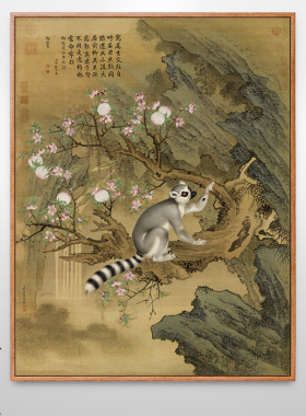 郎世宁交阯果然图狐猴画动物挂画新中式装饰画走廊过道竖版壁画