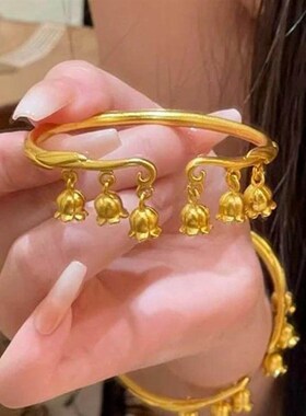 铜合金手镯女古法金色铃兰花开口手环女轻奢中国风设计感百搭首饰