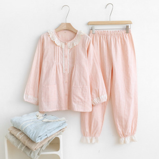 两件套装 睡衣女2023新款 薄款 纯棉纱布家居服长袖 全棉蕾丝 春秋夏款