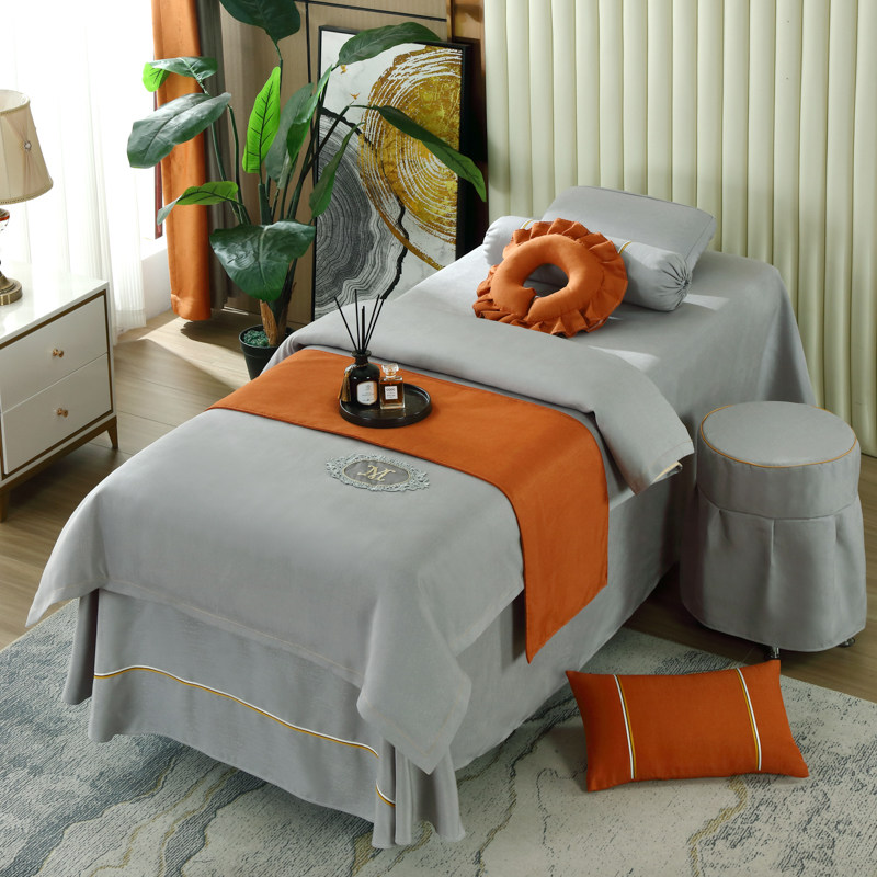 高档美容床罩四件套奢华棉麻按摩院纯色欧式简约四季通用定制logo