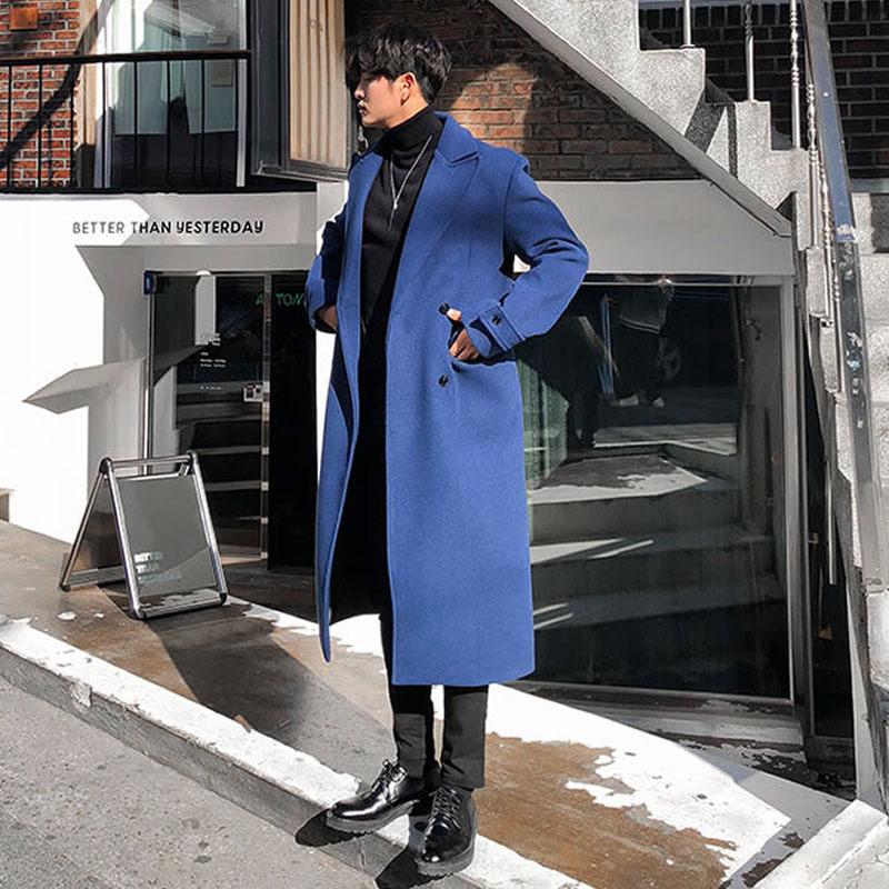 蓝色毛呢大衣男款冬季加厚双排扣中长版休闲韩版呢子男士风衣外套