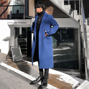 蓝色毛呢大衣男款冬季加厚双排扣中长版休闲韩版呢子男士风衣外套