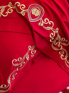 新中式180支长绒棉结婚四件套红色龙凤被套床S单婚庆床上用品4