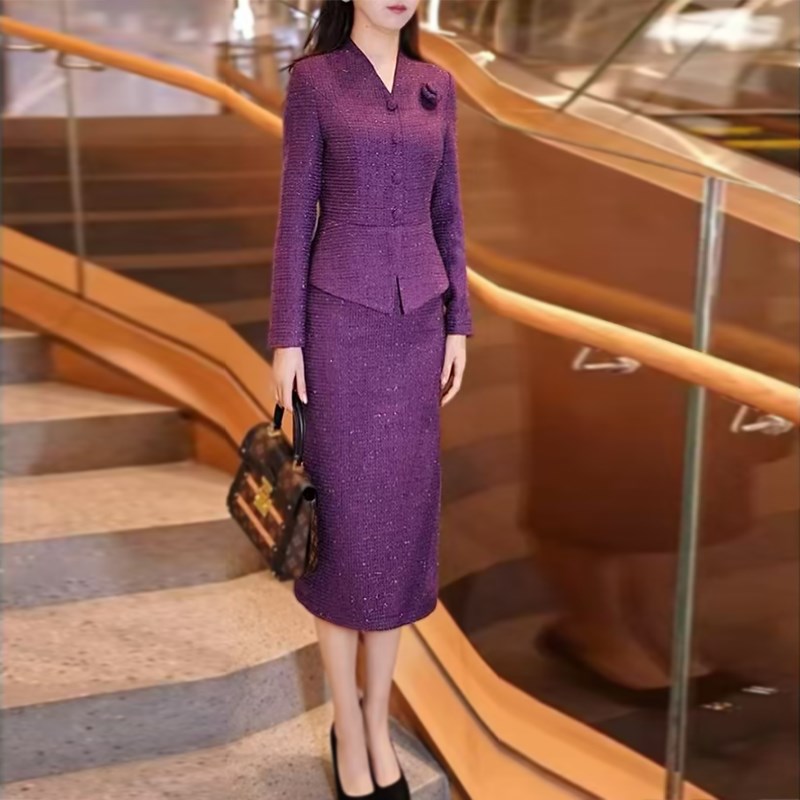 高级感气质紫色连衣裙2025新款女装春季高腰修身显瘦假两件包臀裙