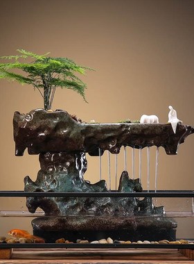 中式假山流水器景观办公室桌面招财小型鱼缸摆件转运生财开业礼品