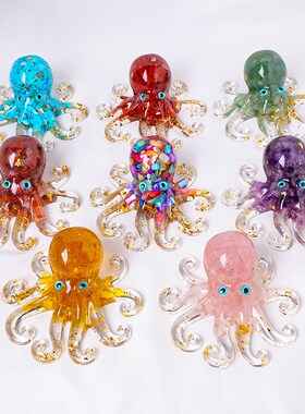 天然水晶碎石h滴胶八爪鱼章鱼鱿鱼桌面摆台办公室工艺品精致摆件