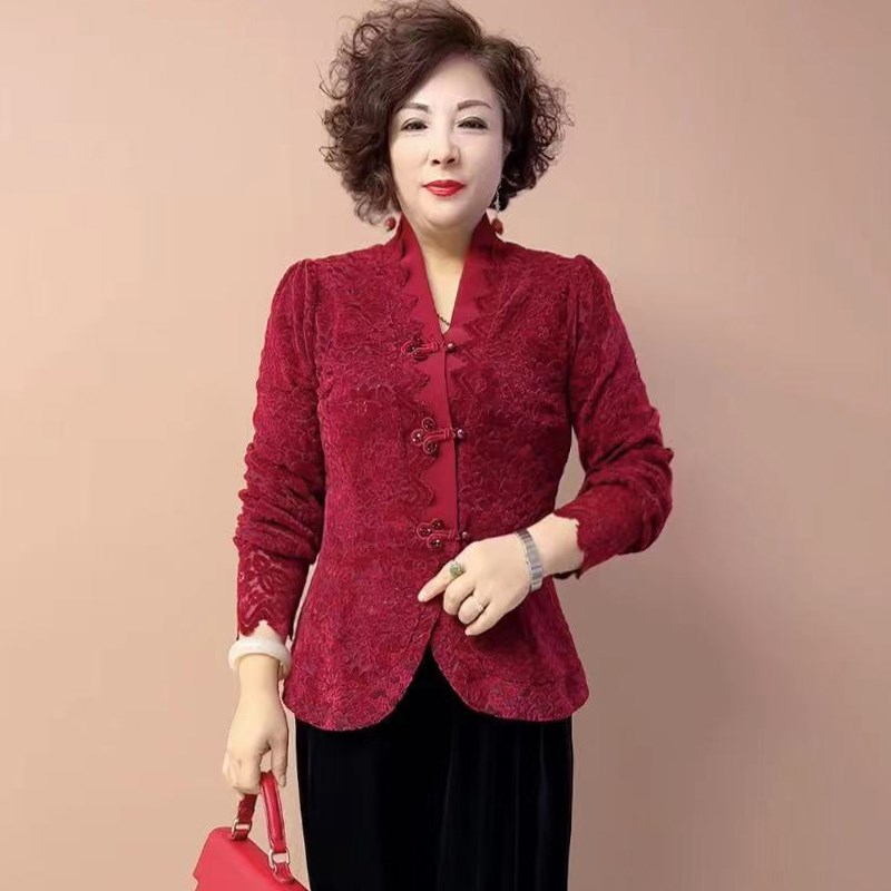 时尚V领植绒烧花打底衫2025春季新款中式盘扣妈妈装显瘦开衫上衣