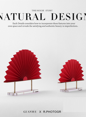 现代中式大红色金属纸艺折扇子A摆件样版房间展厅售楼处大堂饰品