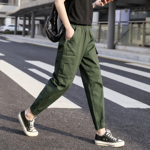 军绿色裤子女夏季薄款收腿工装裤女春秋小个子束脚休闲裤九分哈伦