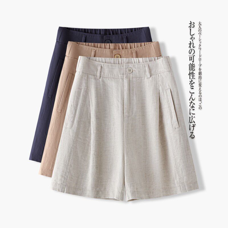 亚麻短裤女夏季高腰宽松显瘦五分裤休闲百搭外穿阔腿裤工装短裤