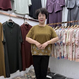 女透气200斤妈妈纯棉宽松上衣 t恤衫 特大体中老年夏装 圆领印花短袖