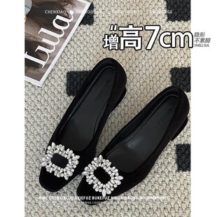 女 水钻方扣浅口单鞋 不累脚 隐形内增高7CM小个子复古2025春夏季