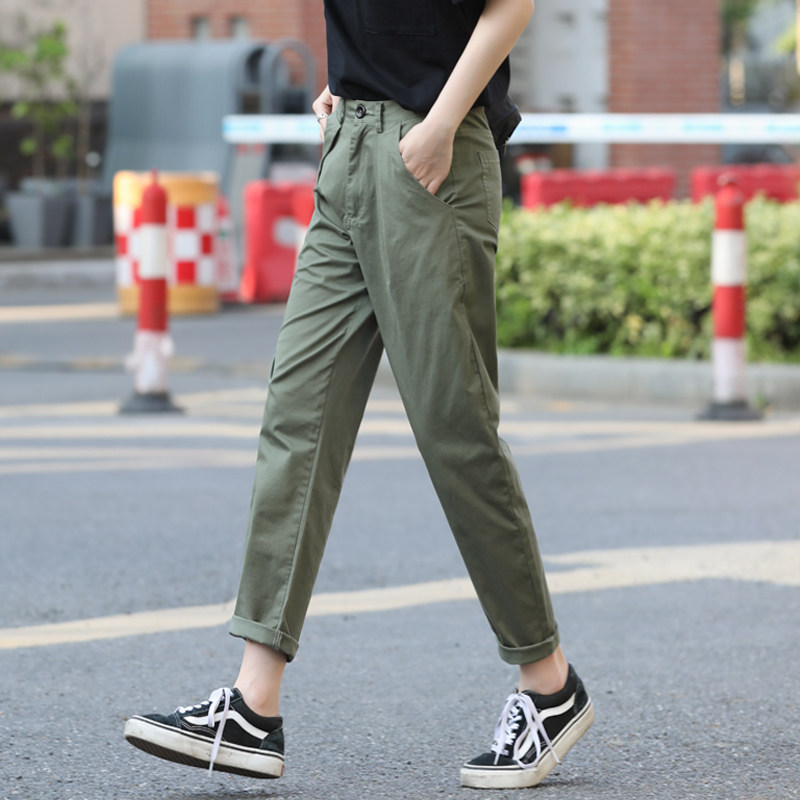 军绿色裤子女宽松工装裤女夏季薄款直筒休闲女裤九分哈伦萝卜老爹