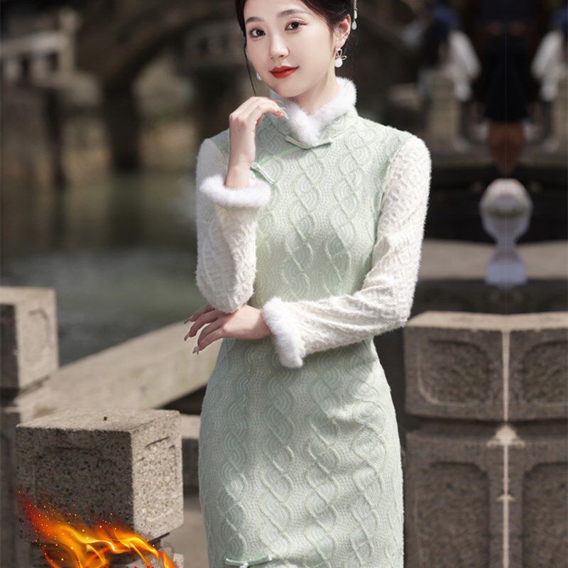 冬季旗袍改良连衣裙加绒加厚短款年轻款优雅国风少女蕾丝长袖礼服