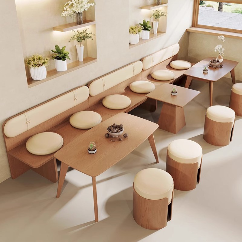原木风甜品奶茶店咖啡厅网红靠墙卡座沙发商用西餐厅长条凳椅组合