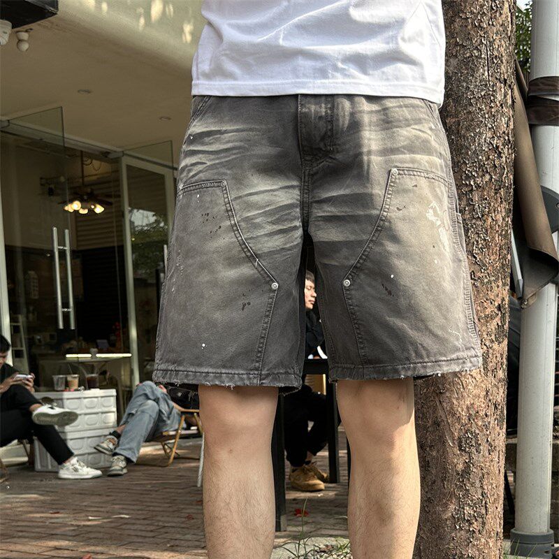 2025年男款做旧破坏伐木工装美式牛仔短裤男夏季潮牌宽松中裤子
