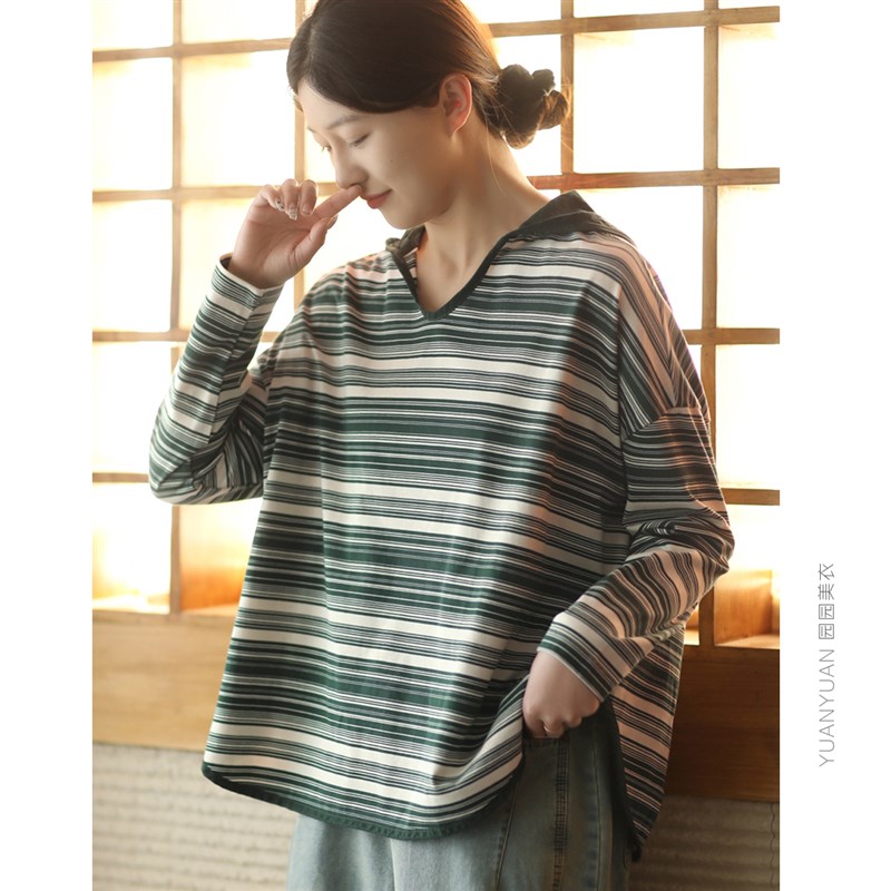 园园美衣复古撞色条纹连帽上衣女宽松套头衫休闲文艺长袖T恤显瘦