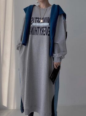秋冬新款牛仔拼接卫衣连衣裙女过膝长款韩版假两件休闲慵懒风裙子