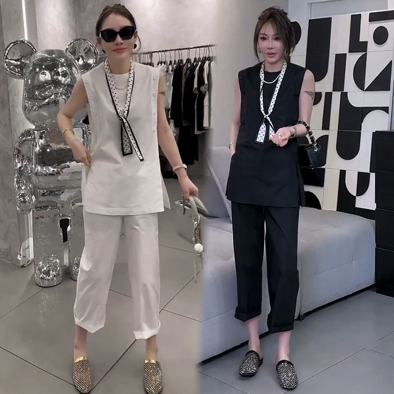 欧货时尚套装女2025夏季法式设计感中长款无袖上衣+直筒裤两件套