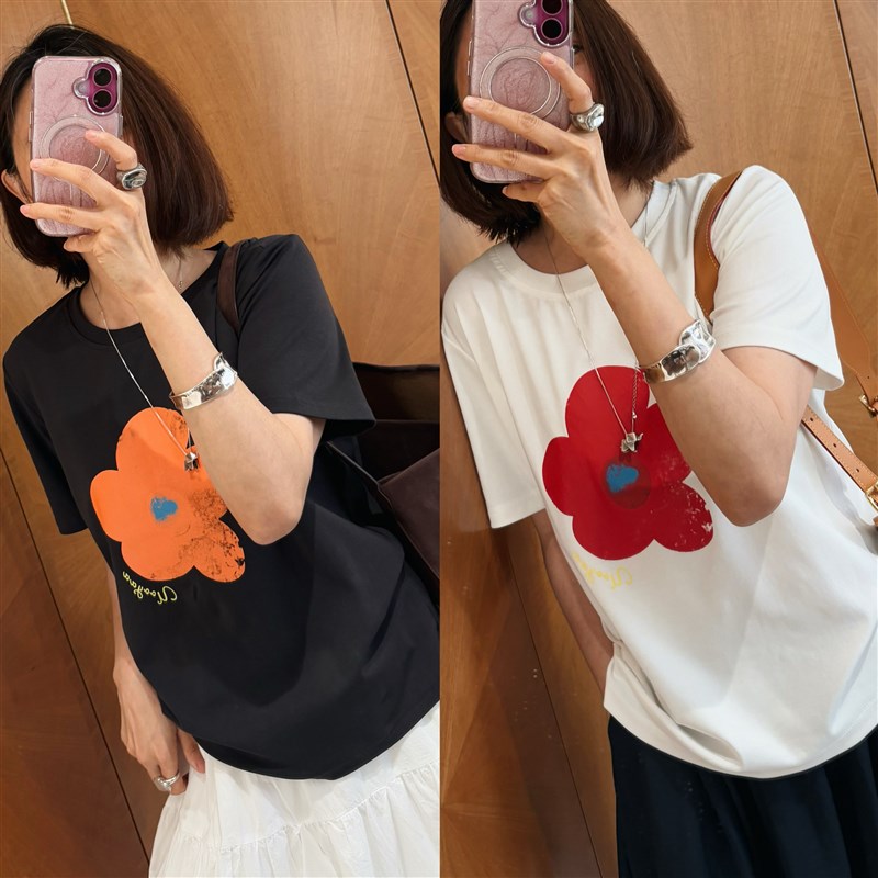 简约大花朵涂鸦休闲宽松圆领百搭日常春夏韩版短袖t恤女