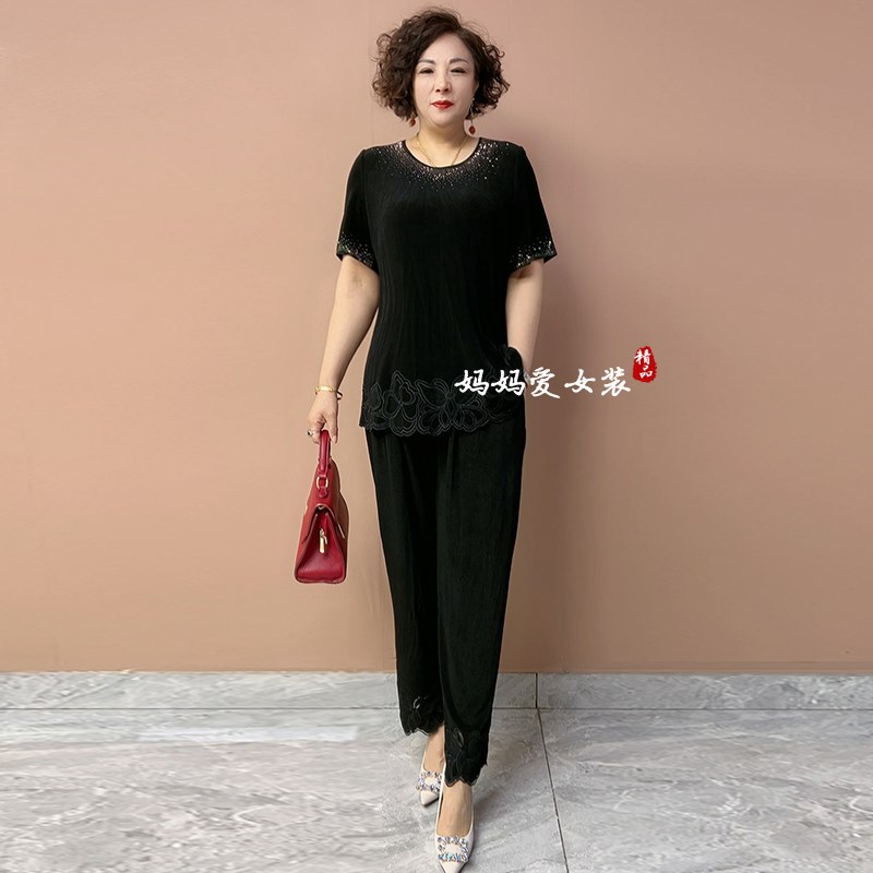 中年妈妈夏装两件套上衣九分裤子2025新款洋气大码显瘦减龄套装女