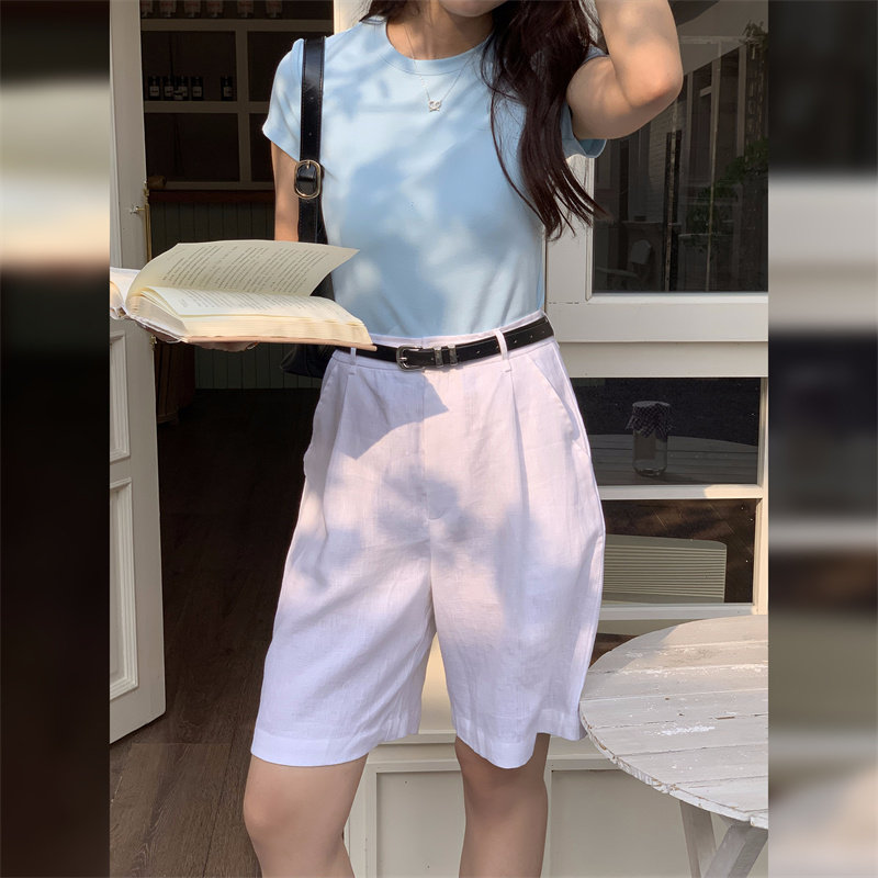 老钱风五分裤西裤亚麻高级休闲裤夏棉麻百慕大短裤宽松直筒中裤子