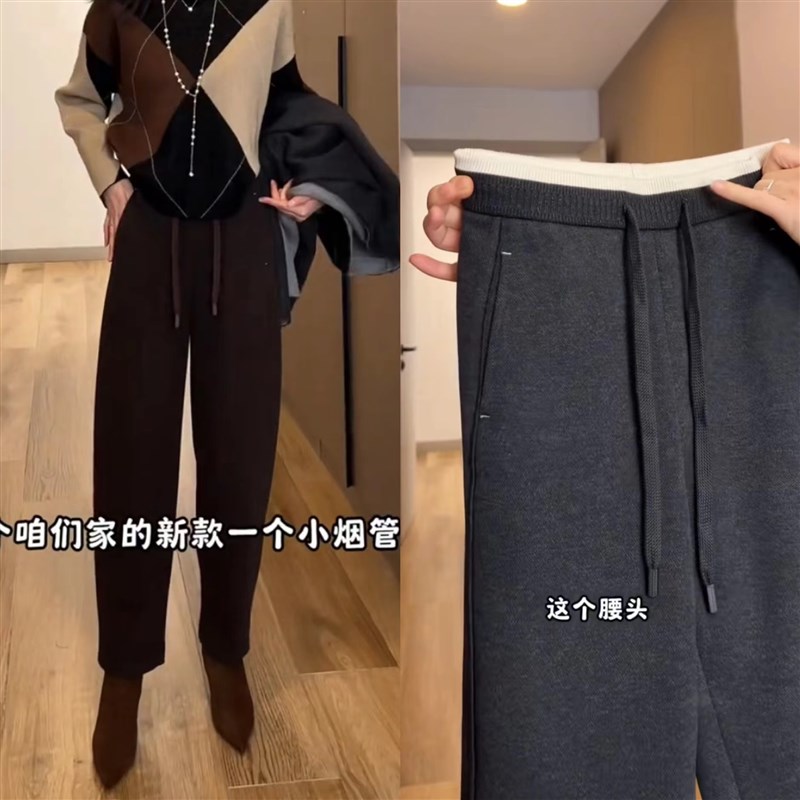 松紧腰烟管裤加绒绵羊毛休闲冬季百搭直筒哈伦裤小个子高腰九分裤