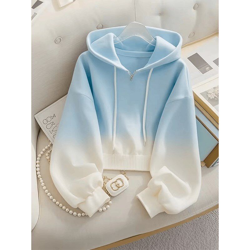 蓝色渐变连帽卫衣外套设计感秋装女款2025年春秋季新款小个子上衣