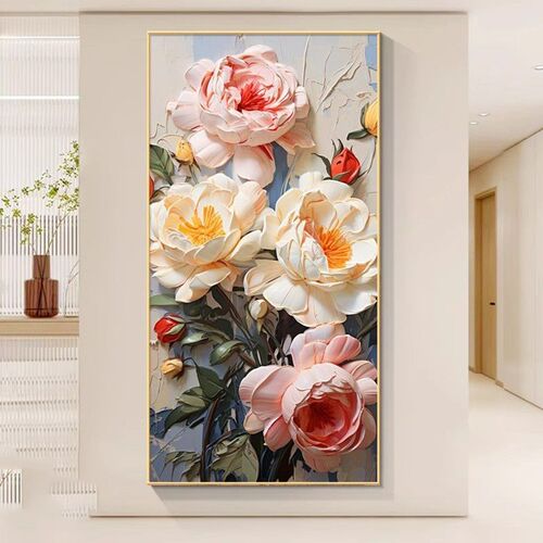 奶油风牡丹花入户j玄关装饰画现代简约走廊过道花开富贵高级感挂