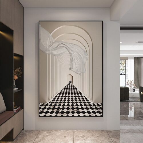 现代简约延伸感空间玄关装饰画过道挂画走廊尽Q头壁画客厅落地画