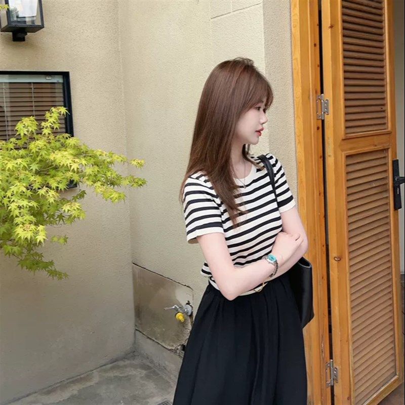 小小家 小个子小码条纹针织短袖T恤夏冰凉透气百搭上衣女150