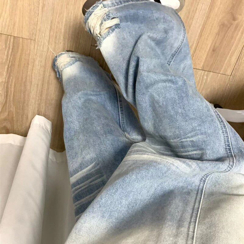 浅色抓纹阔腿牛仔裤女2025春夏新款美式复古水洗宽松直筒拖地裤子