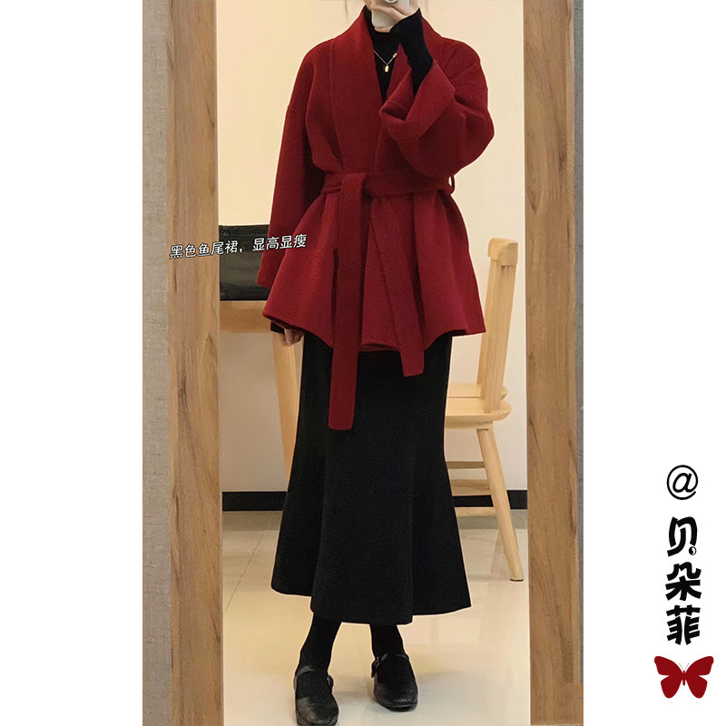 黑色毛呢半身裙女秋冬鱼尾裙高腰显瘦小个子中长款a字一步裙半裙