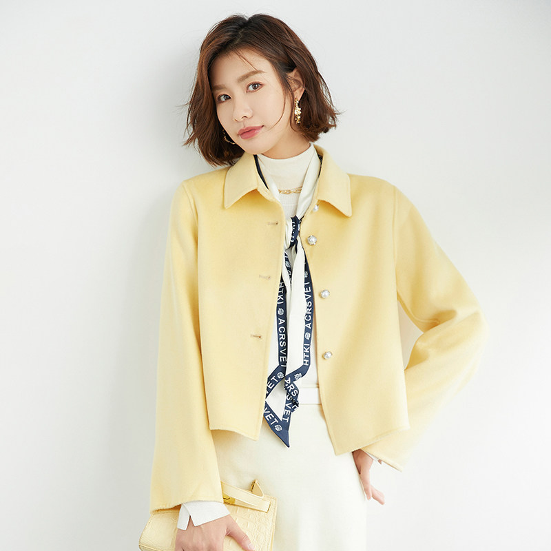 简约珍珠扣小款毛呢外套女小个子秋冬加厚纯羊毛双面呢外套女短款