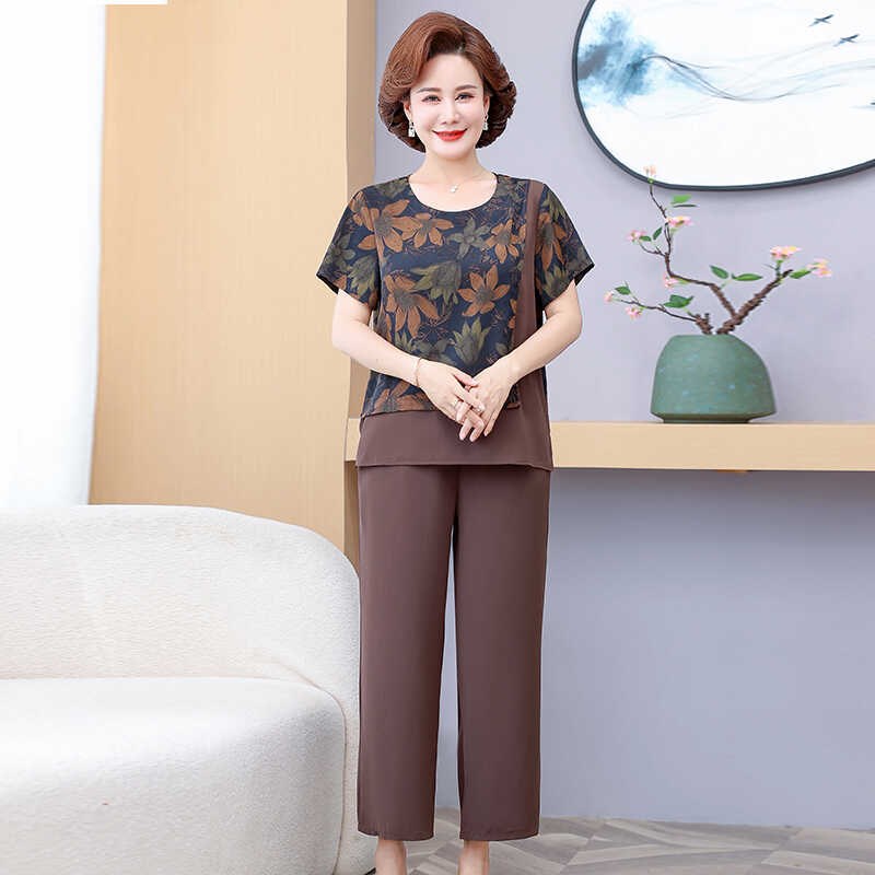 妈妈装夏装新款洋气套装40-50岁上衣阔腿裤中老年女夏季t恤两件套