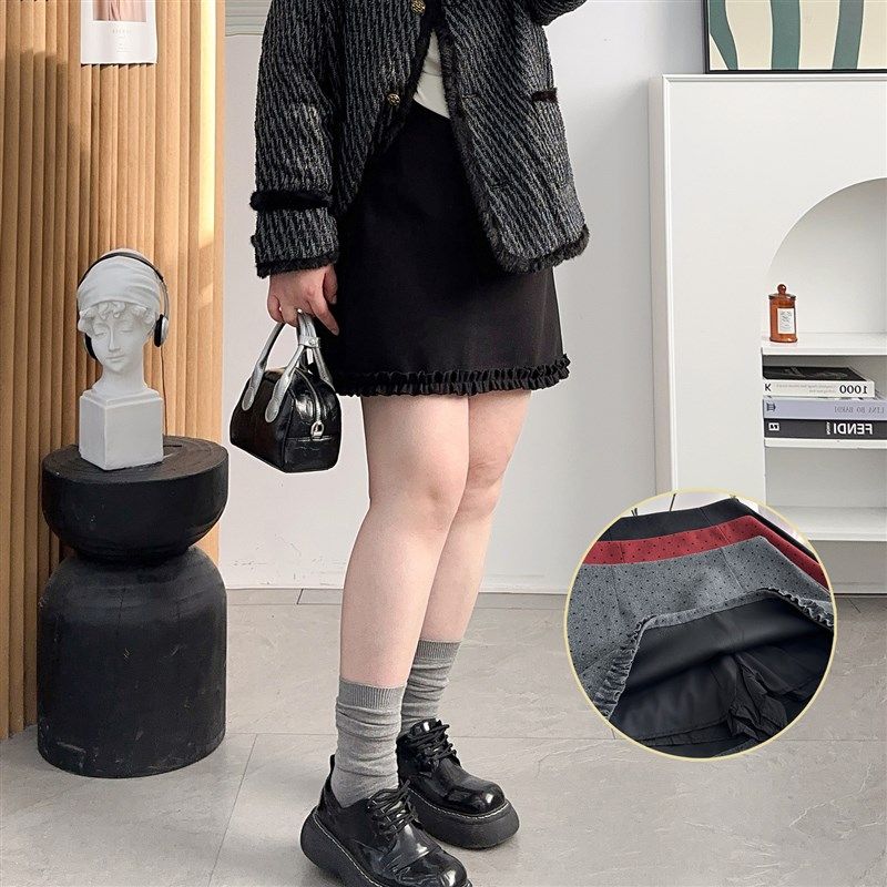 宛宛家木耳边毛呢半身裙女秋冬大码胖mm高腰包臀裙加厚灰色a字裙