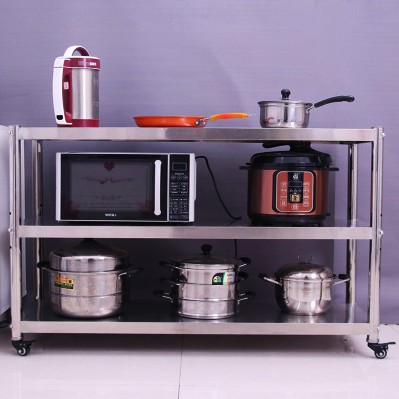 带刹车不锈钢加厚置物架三层带轮子落地家用万向轮厨房收纳可移动