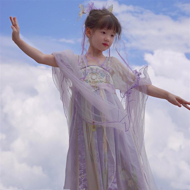 女童汉服连衣裙2025新款古风襦裙女宝宝公主裙子短袖紫色仙女清爽