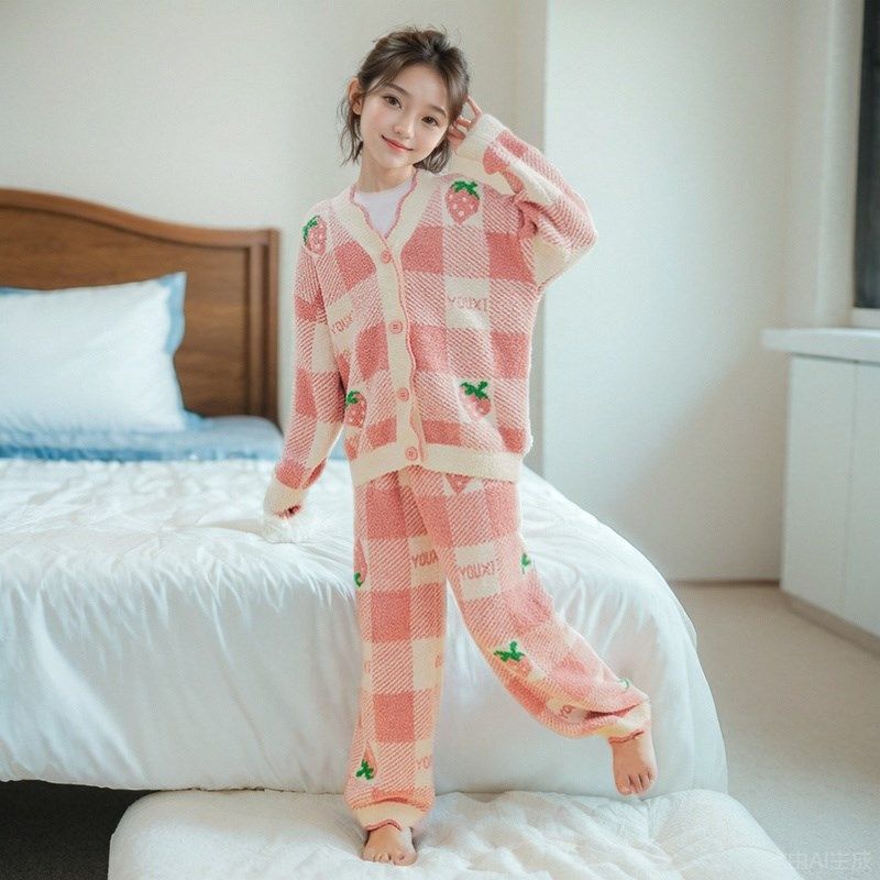 软绵绵女童睡衣冬季新款半边绒加厚亲子开衫可外穿母女家居服套装