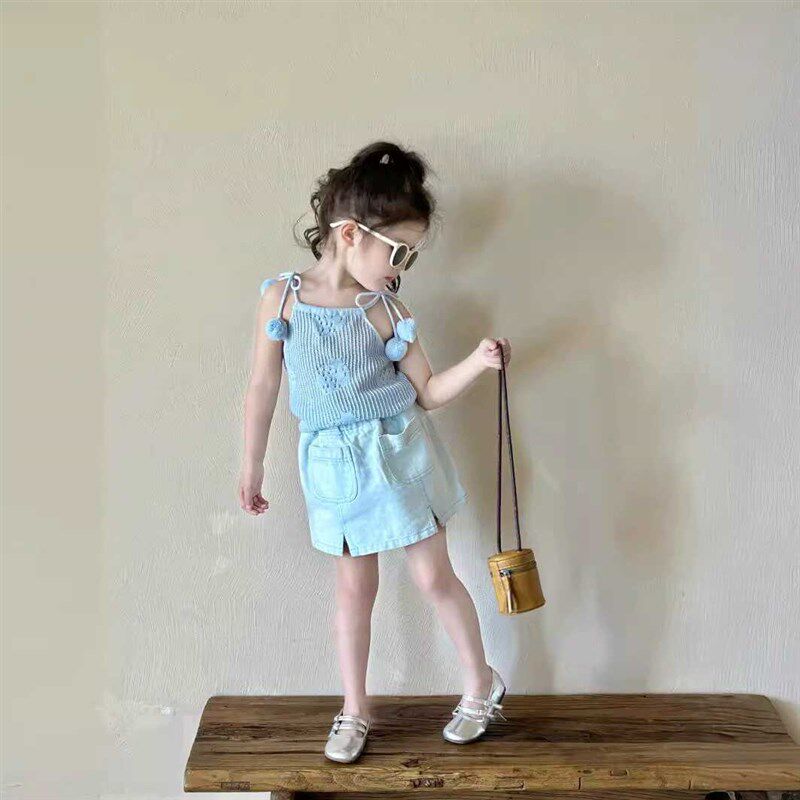 女童韩系可爱系带吊带背心牛仔开叉裙短裤两件套蓝色薄款夏装