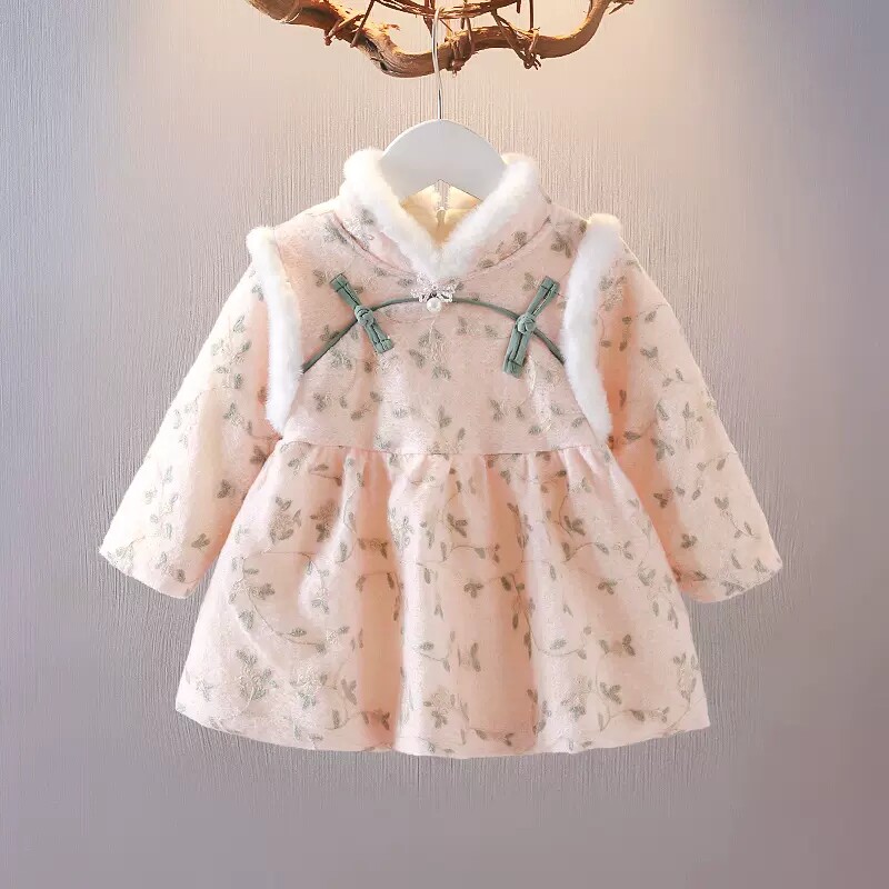 女童汉服连衣裙加绒秋冬季女宝宝中国风唐装衣服婴儿古装加厚裙子