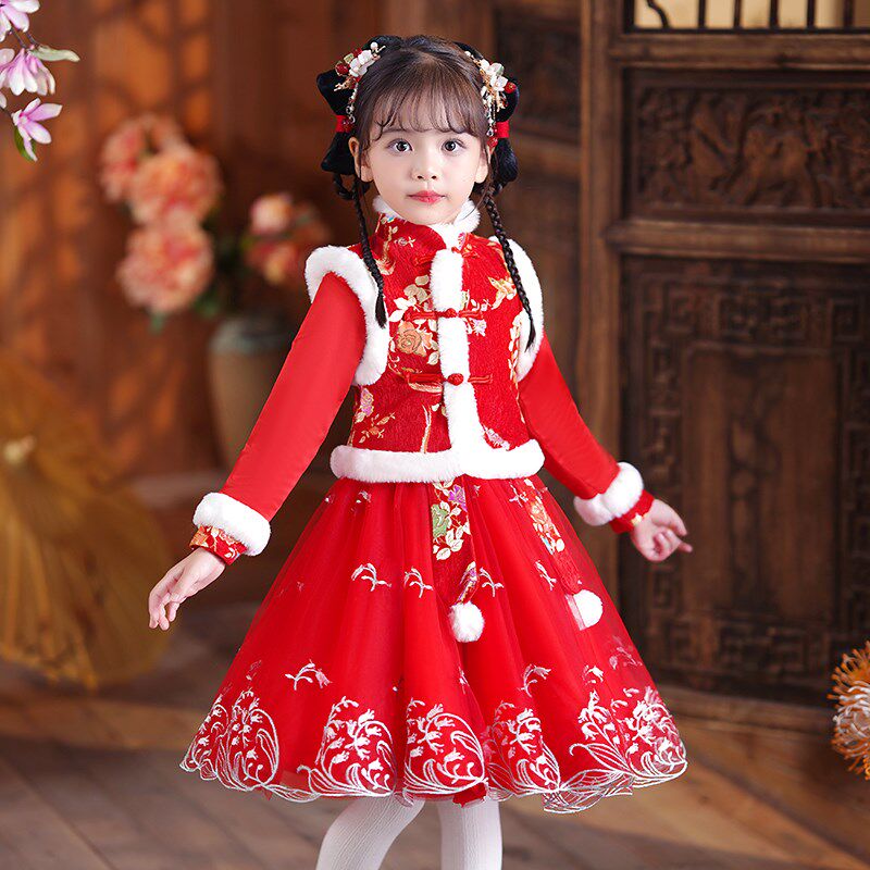 女童秋冬装汉服冬季拜年服儿童装唐装过年喜庆2024新款套装新年装