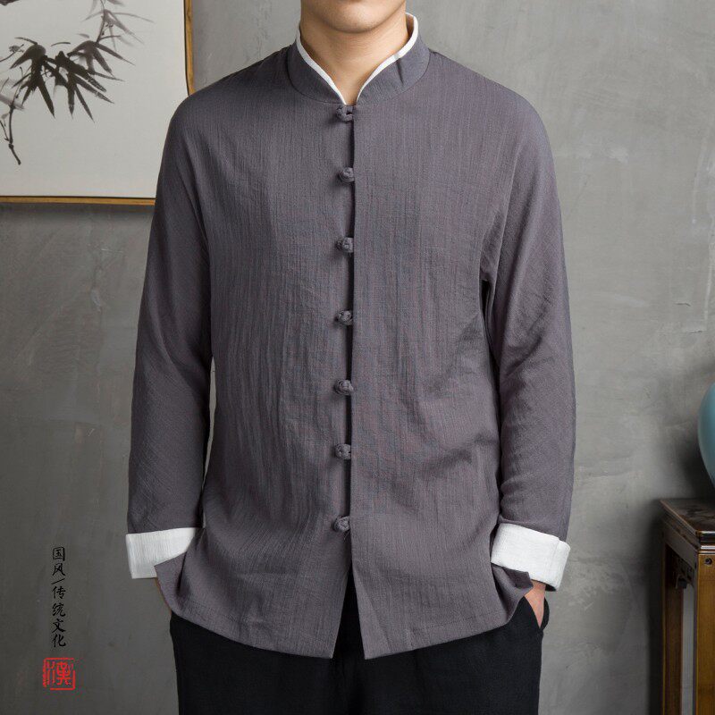 民族禅修男式唐装中国风中式衬衫男长袖古风外套复古男装棉麻衬衣