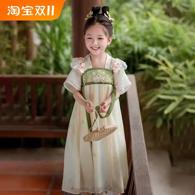 清梨汉服女童短袖中国风古装连衣裙儿童超仙女宝改良刺绣齐胸襦裙