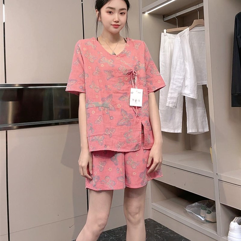 网红时尚民族风女式短袖睡衣夏季宽松休闲西式两件套短裤家居服蒸