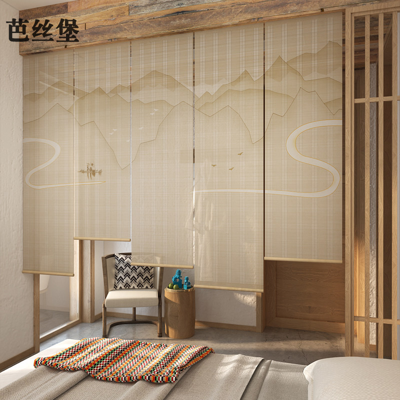软隔断卷帘窗帘办公室半透明挂画屏风帘装饰卧室客U厅餐厅亚麻电
