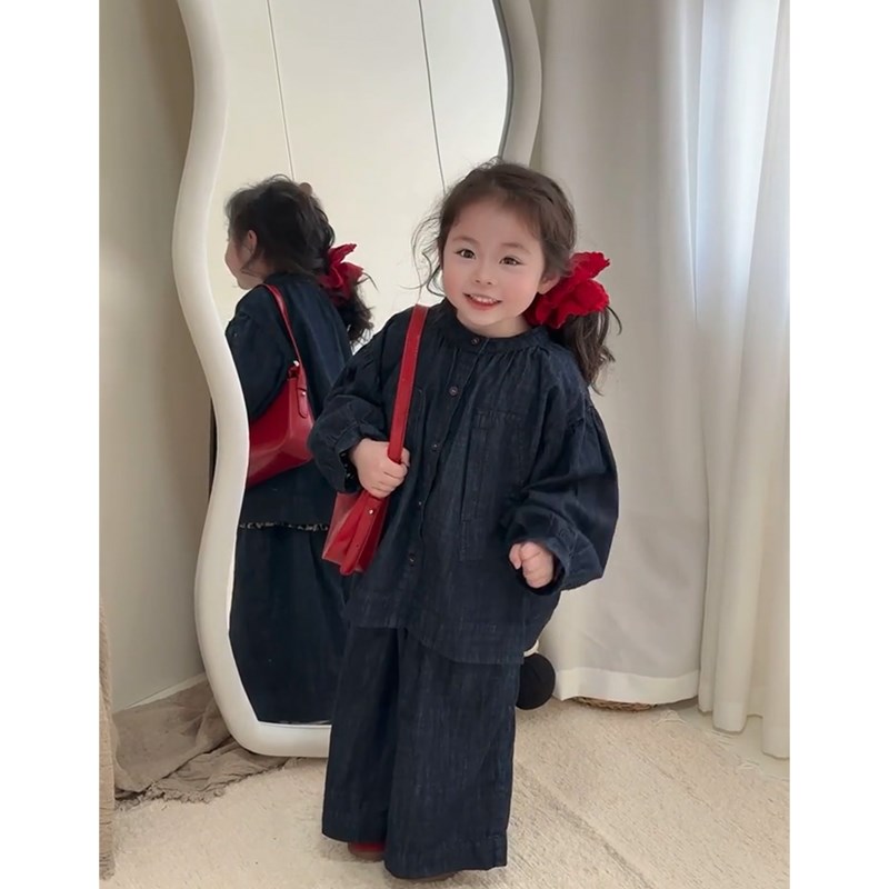 韩国女童牛仔套装2025年春季新款儿童韩版休闲外套宽松阔腿长裤子
