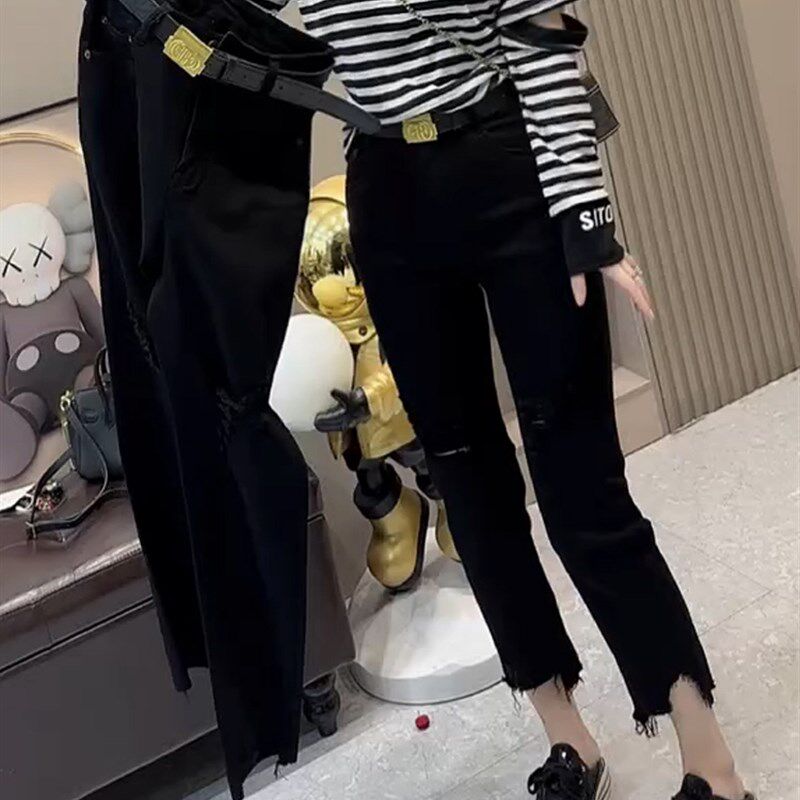 黑色胖MM高腰破洞直筒牛仔裤女夏薄款宽松显瘦毛边九分乞丐烟管裤